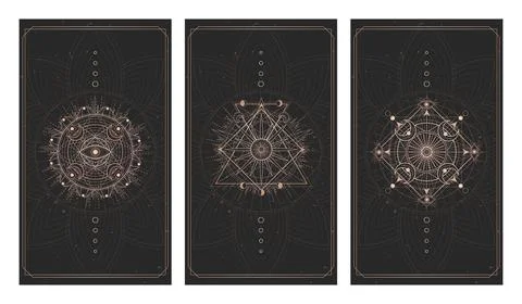 Vector set of three dark backgrounds with sacred symbols, grunge textures and Stock Illustration