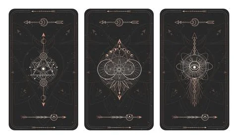 Vector set of three dark backgrounds with sacred symbols, grunge textures and Illustrazione stock