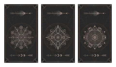 Vector set of three dark backgrounds with sacred symbols, grunge textures and Stock Illustration
