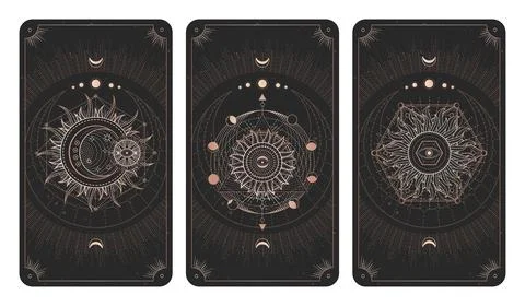 Vector set of three dark illustrations with sacred geometry symbols, grunge t Stock Illustration