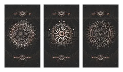 Vector set of three dark illustrations with sacred geometry symbols and grung Stock Illustration