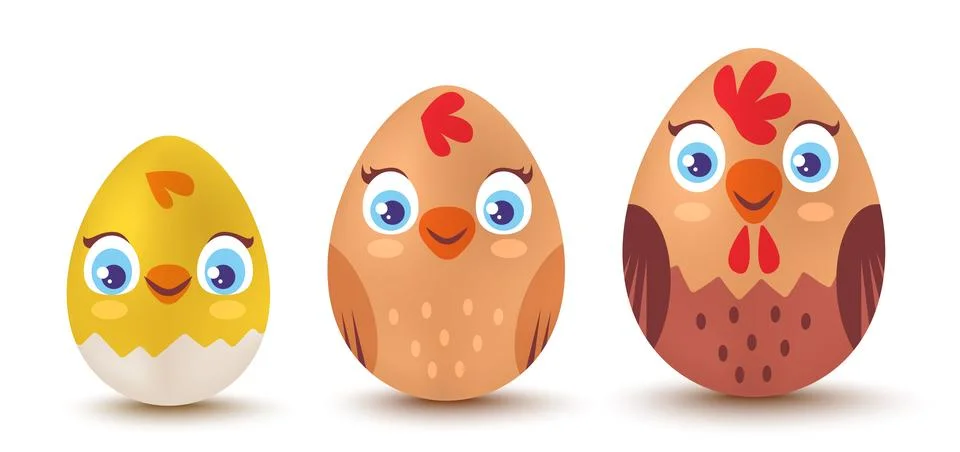 Vector set of three eggs such as chick, hen and rooster. Farm Bird eggs for.. Stock Illustration