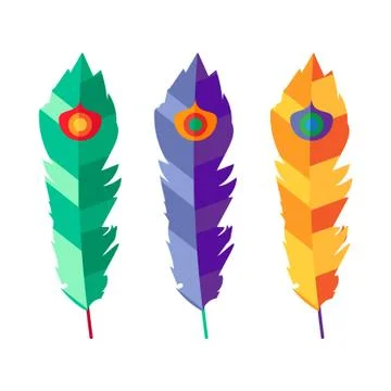 Vector set of three flat colorful feathers Stock Illustration