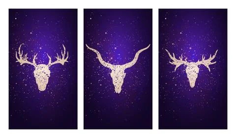 Vector set of three illustrations with silhouettes skulls deer, antelope and  Stock Illustration