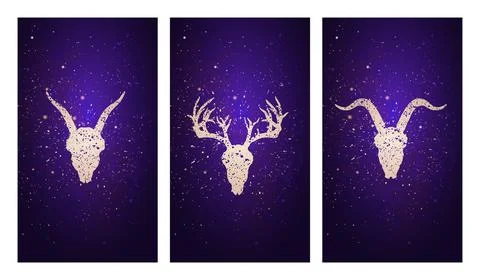 Vector set of three illustrations with silhouettes skulls deer and goats agai Stock Illustration