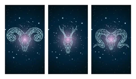Vector set of three illustrations with silhouettes skulls roe deer and rams o Stock Illustration
