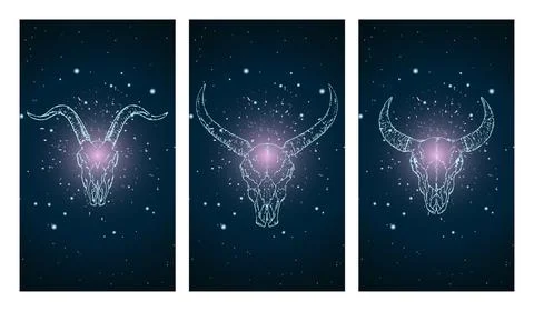 Vector set of three illustrations with silhouettes skulls buffalo, bull and g Stock Illustration
