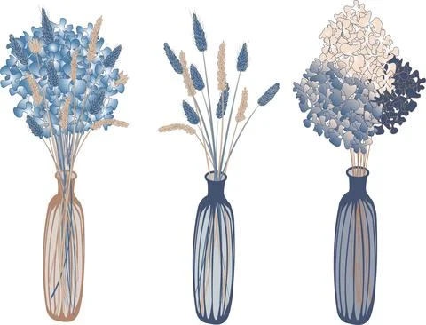Vector set of three narrow vases with flowers and dried flowers in boho style 스톡 일러스트