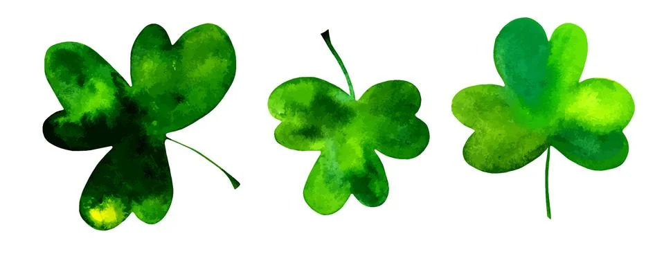 A vector set of three shamrocks, Irish clovers, hand drawn in watercolor and Stock Illustration