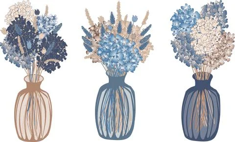 Vector set of three vases with flowers and dried flowers in boho style Stock Illustration