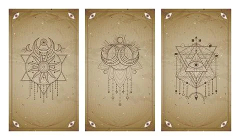 ..Vector set of three vintage backgrounds with geometric symbols and frames.  Illustrazione stock