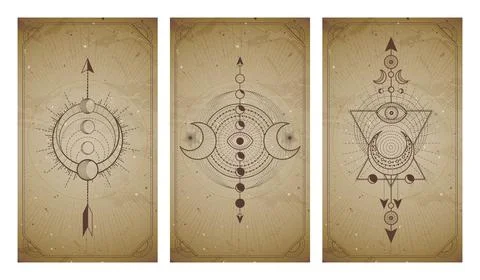 ..Vector set of three vintage backgrounds with geometric symbols and frames.  Illustrazione stock