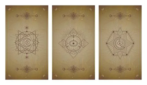 ..Vector set of three vintage backgrounds with geometric symbols and frames.  Illustrazione stock