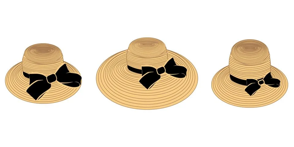 Vector set of three wide-brimmed beach hats in yellow and black 스톡 일러스트