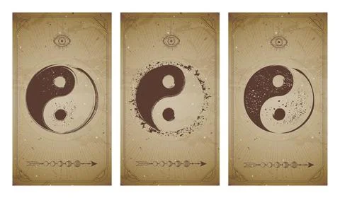 Vector set of three yin yang signs on vintage backgrounds with shape symbols  Stock Illustration