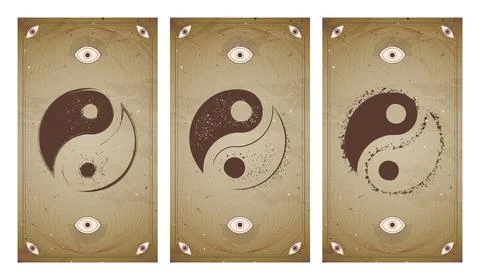 Vector set of three yin yang signs on vintage backgrounds with geometric shap Stock Illustration