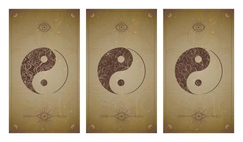Vector set of three yin yang signs on vintage backgrounds with geometric shap Stock Illustration