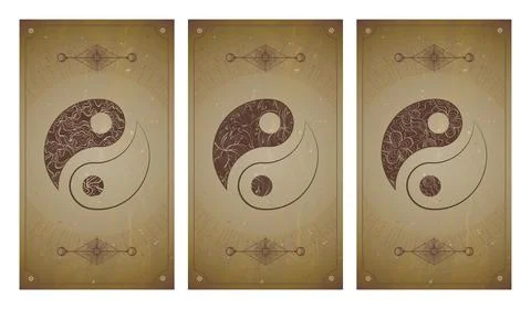 Vector set of three yin yang signs on vintage backgrounds with geometric shap Stock Illustration