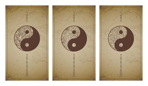Vector set of three yin yang signs on vintage backgrounds with geometric shap Stock Illustration