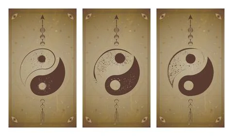 Vector set of three yin yang signs on vintage backgrounds with geometric shap Stock Illustration