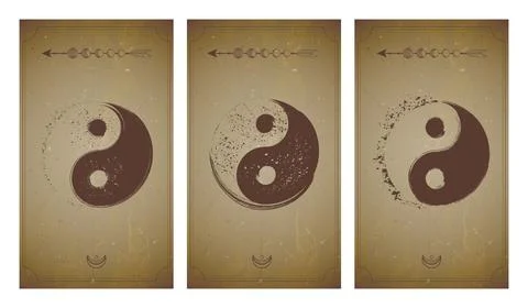 Vector set of three yin yang signs on vintage backgrounds with geometric shap Stock Illustration