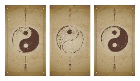 Vector set of three yin yang signs on vintage backgrounds with geometric shap Stock Illustration