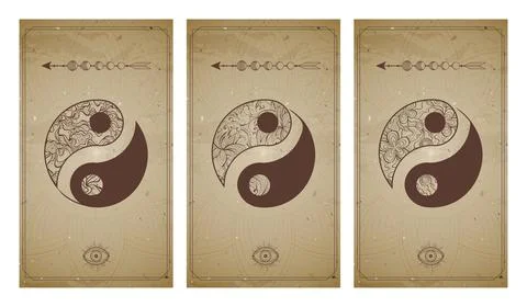 Vector set of three yin yang signs on vintage backgrounds with geometric shap Stock Illustration