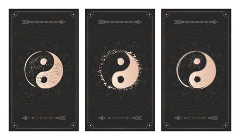 Vector set of three yin yang signs on dark backgrounds with geometric shape,  Stock Illustration
