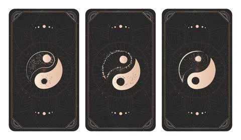 Vector set of three yin yang signs on dark backgrounds with geometric shape,  Stock Illustration