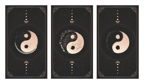 Vector set of three yin yang signs on dark backgrounds with geometric shape,  Stock Illustration