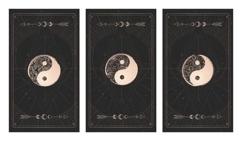 Vector set of three yin yang signs on dark backgrounds with geometric shape,  Stock Illustration