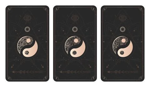 Vector set of three yin yang signs on dark backgrounds with geometric shape,  Stock Illustration