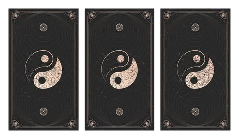 Vector set of three yin yang signs on dark backgrounds with geometric shape,  Stock Illustration