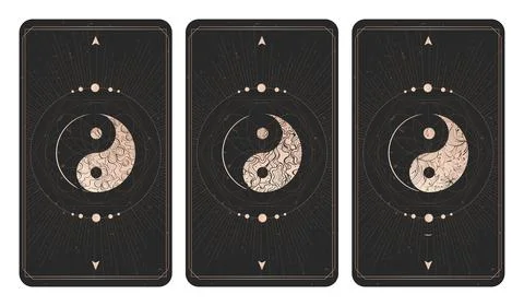 Vector set of three yin yang signs on dark backgrounds with geometric shape,  Stock Illustration