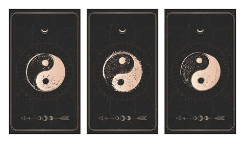 Vector set of three yin yang signs on dark backgrounds with geometric shape,  Stock Illustration