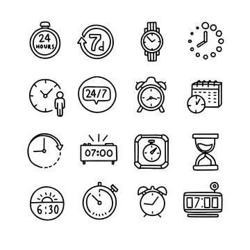 Vector set of time clock icons. Outline doodle drawing style Stock Illustration