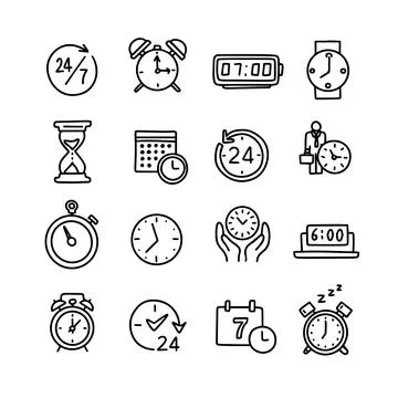 Vector set of time clock icons. Outline doodle drawing style Stock Illustration