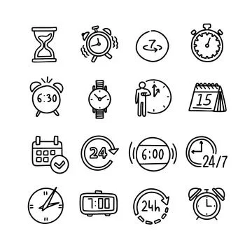 Vector set of time clock icons. Outline doodle drawing style Stock Illustration