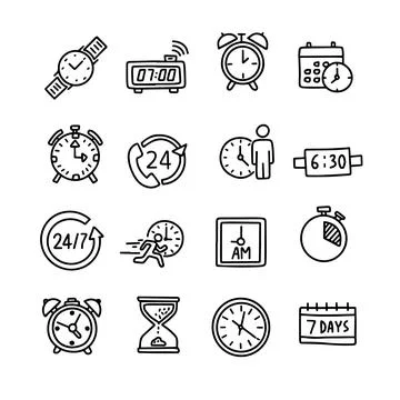 Vector set of time clock icons. Outline doodle drawing style Stock Illustration
