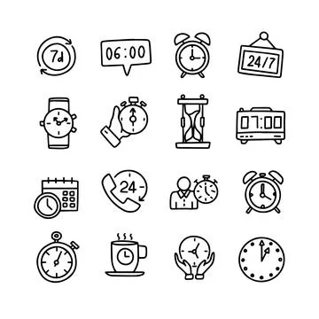 Vector set of time clock icons. Outline doodle drawing style Stock Illustration