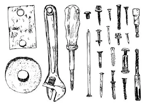 Vector set of tools. hand-drawn set in sketch style wrench, screwdriver, bolts Stock Illustration