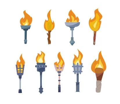 A vector set of torches with flames for the dungeon, creating a bright atmosp Stock Illustration