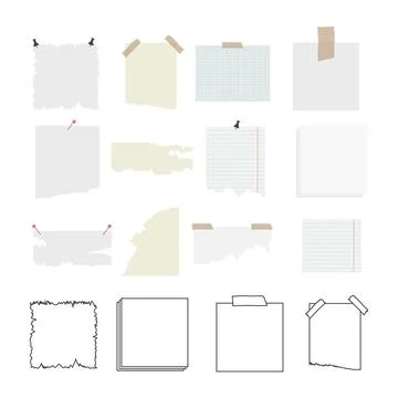 Vector set of torn paper notes sticky notes with tape push pins and outline.. Stock Illustration