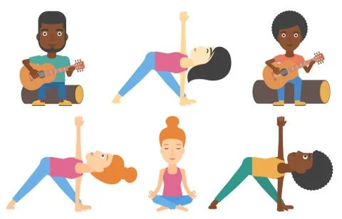 Vector set of tourists and people practicing yoga. Illustrazione stock