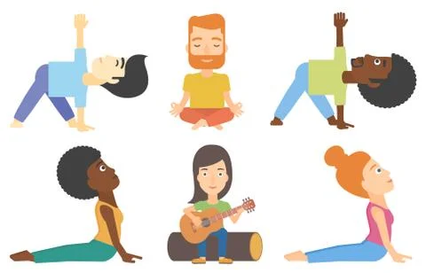 Vector set of tourists and people practicing yoga. Illustrazione stock