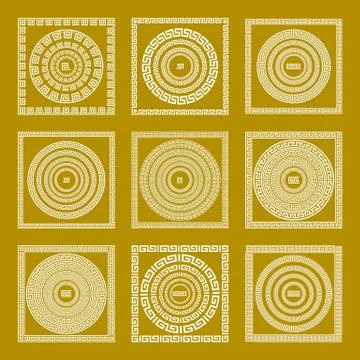 Vector set Traditional vintage golden square and round Greek ornament Meand.. Illustrazione stock