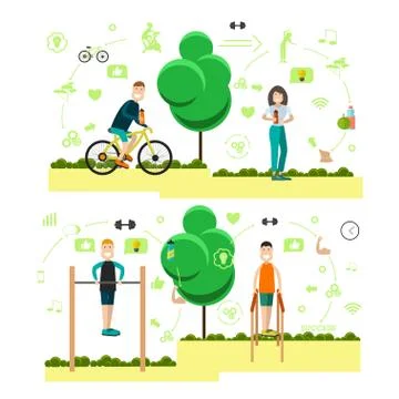 Vector set of training outside people flat symbols, icons Illustrazione stock