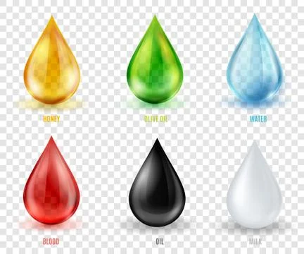 Vector set  transparent drops of various most common liquid subs Stock Illustration