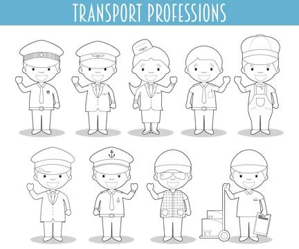 Vector Set of Transport Professions for coloring in cartoon style. Illustrazione stock