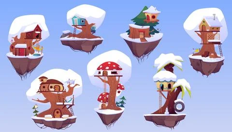 Vector set of Treehouses on a winter flying island on a blue background Stock Illustration